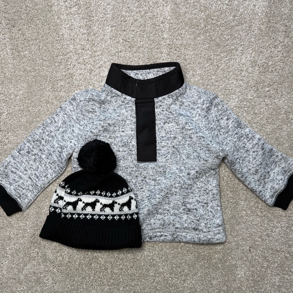 Janie and Jack Gray and Black Sweater and Wool Hat Set